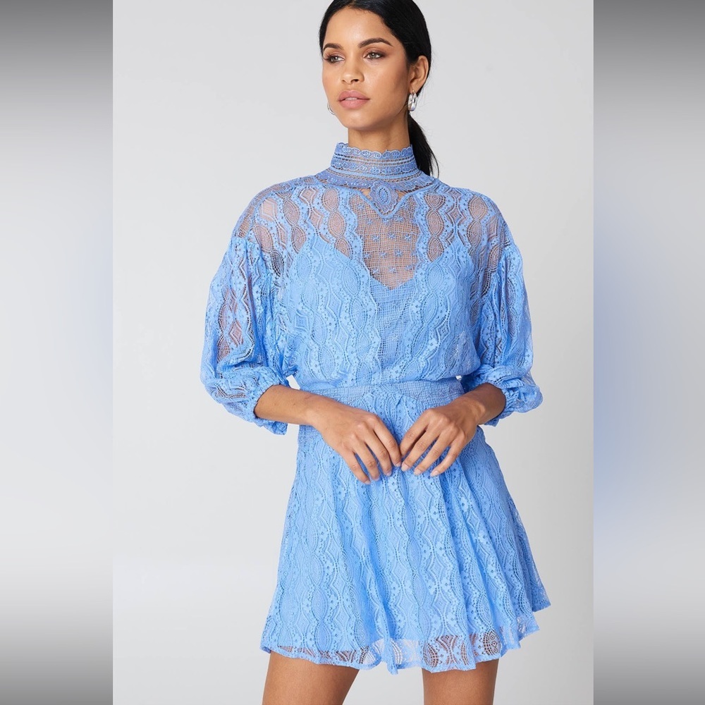 Free People Women Size 12 Lace Lined Blue Mini Mock Neck Dress Short Sleeve DD